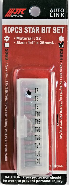 JTC-5361. Набор вставок TORX 1/4" T7-T40, 10 предметов, бокс JTC JTC-5361. Набор вставок TORX 1/4" T7-T40, 10 предметов, бокс JTC